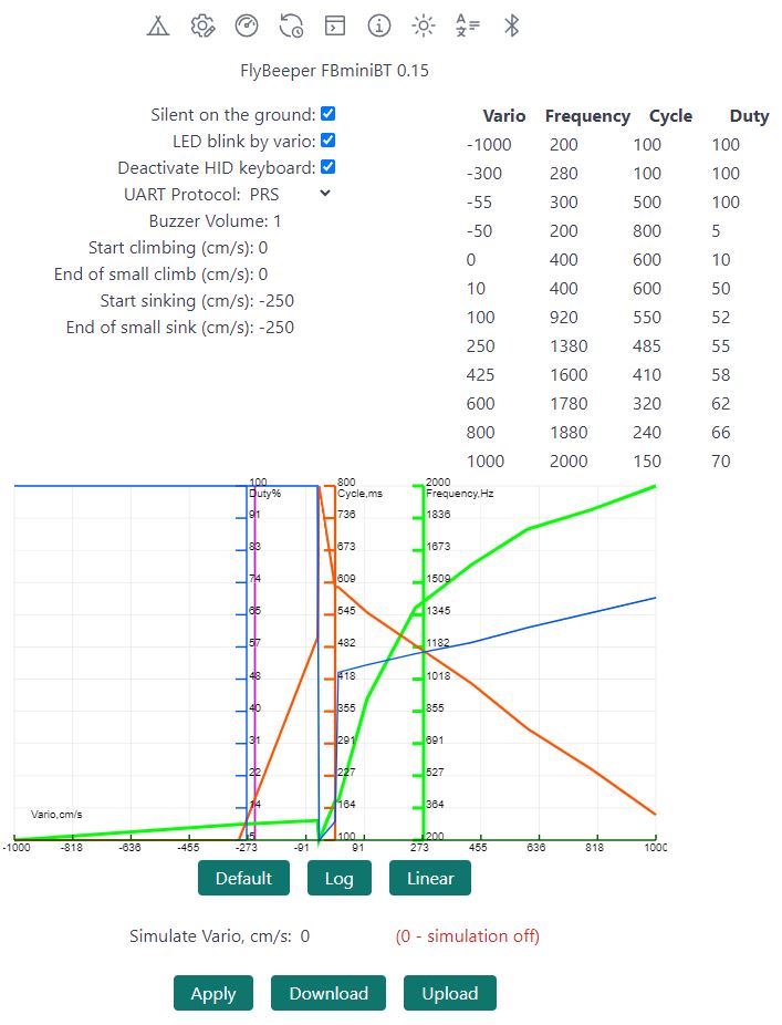 Settings panel — the in-browser configurator showing the audio curve and thresholds